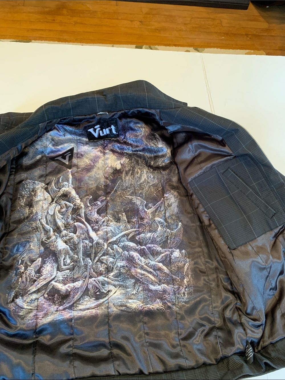Y2K Vurt Men’s Medium Dark Gray Grid Plaid  Mid Weight Zip Up Bomber Jacket